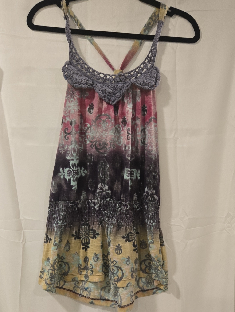 Nicolette Boho Crochet Lace Trim Medallion Print Tunic Top